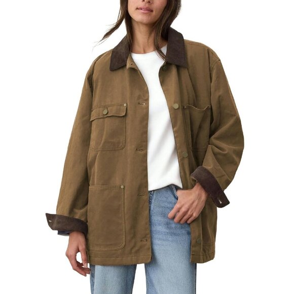 Jackets & Blazers - Oversized Cotton Barn Jacket with Corduroy Collar and Pockets